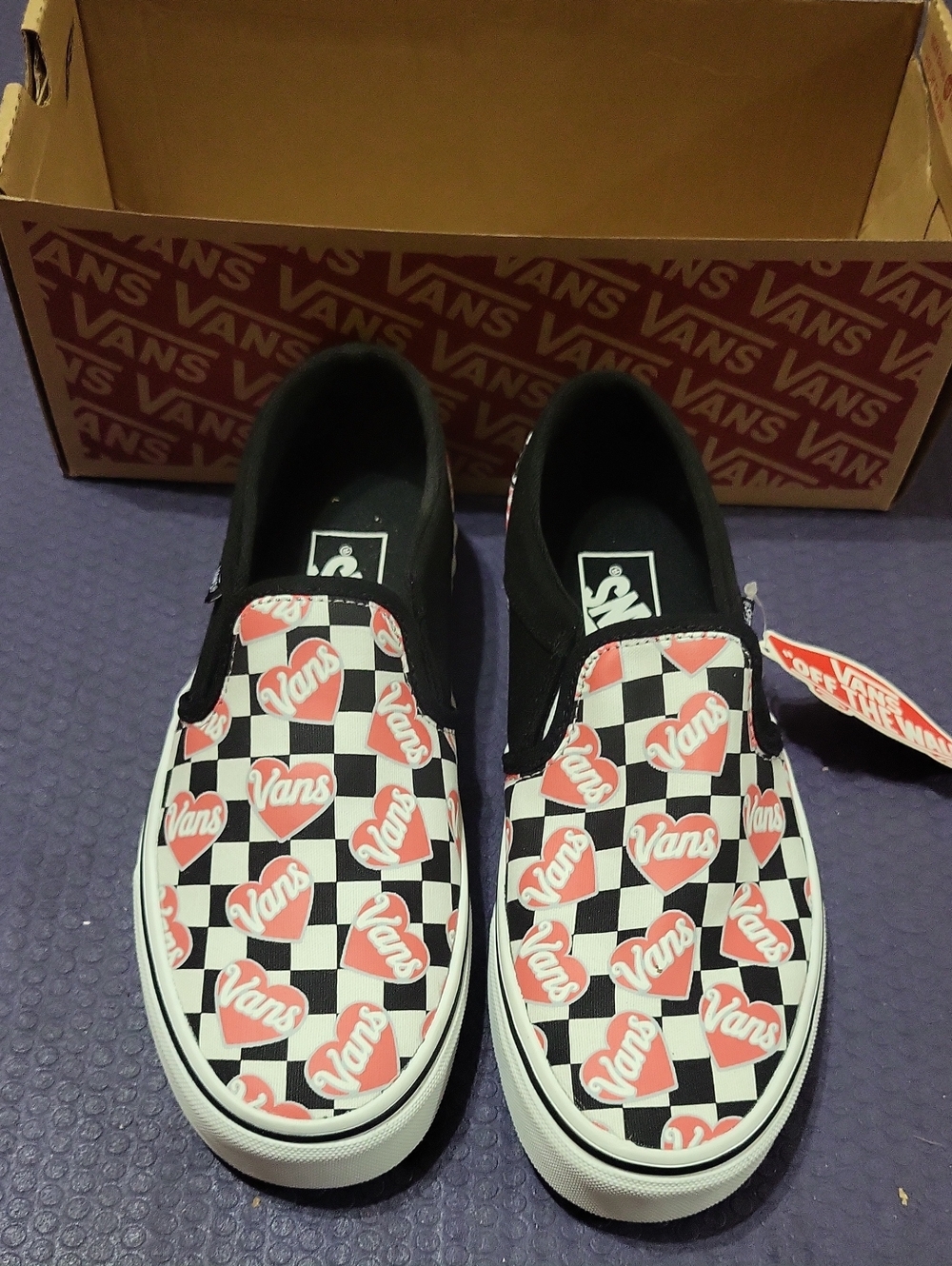 Vans Slip-On Sneakers - Black White Pink Checkerboard Hearts